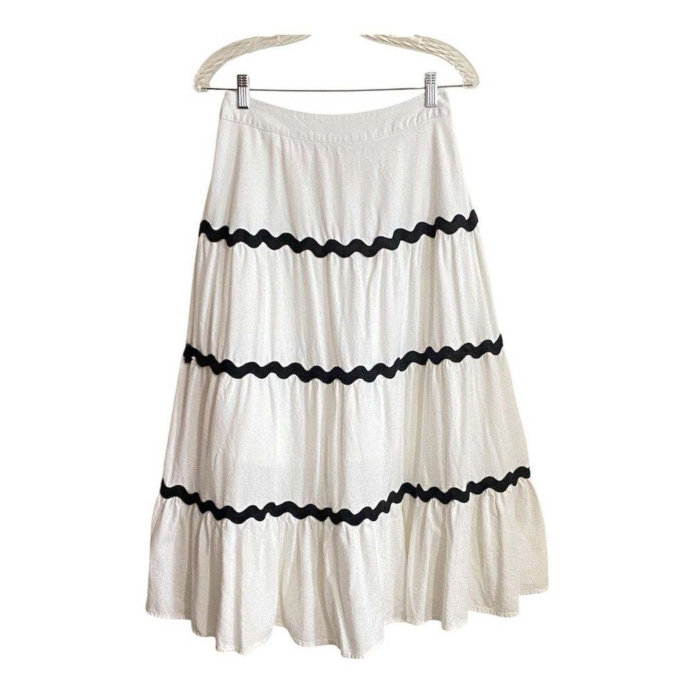White Tiered Midi Skirt Large Black Rickrack Trim Elastic Waist Boho Prairie
